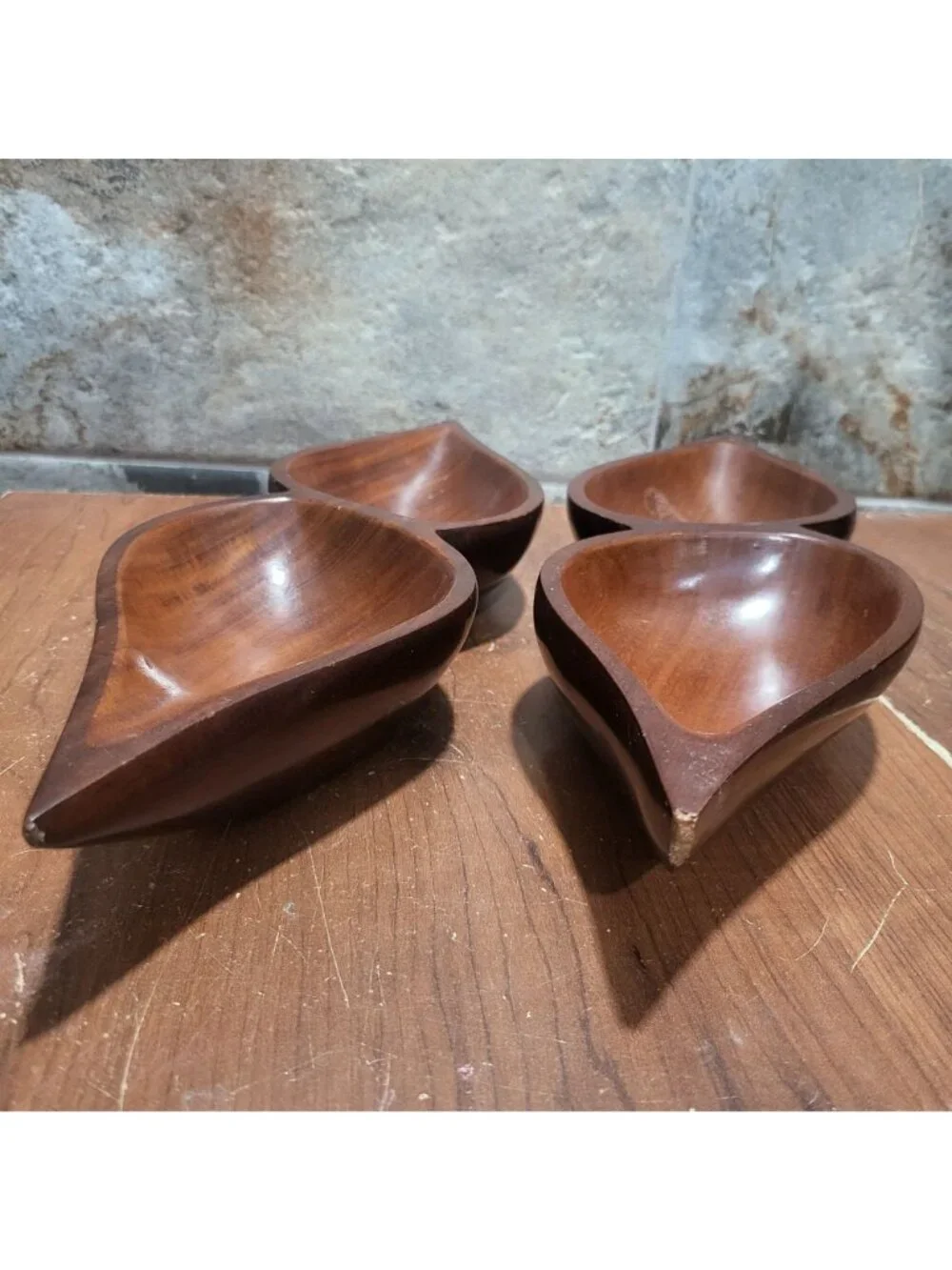 Vintage MCM Monkey Pod Wood 2 Compartment Divided Serving Dish Tray Set of 2